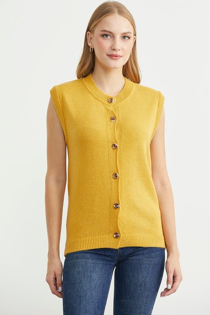 Button Closure Wool Knit Vest - Güneş