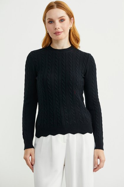 Sliced Hair Braided Knitwear Sweater - Black