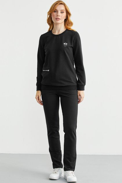 Zero Neck Pocket Tracksuit Set - Black
