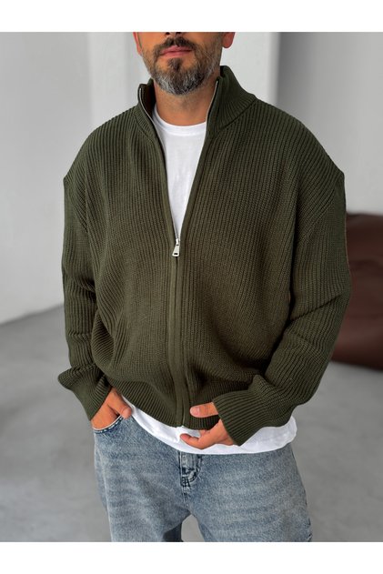 Khaki Zippered Half Turtleneck Knitted Cardigan Pm-022