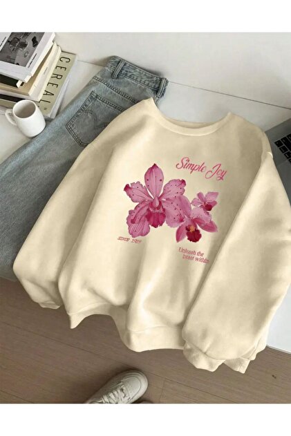 Simple Joy Baskılı Bisiklet Yaka İçi Polarlı Sweatshirt