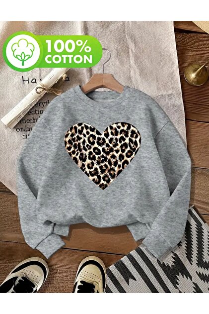 Leopard Heart Pattern Detailed Crew Neck Fleece Sweatshirt