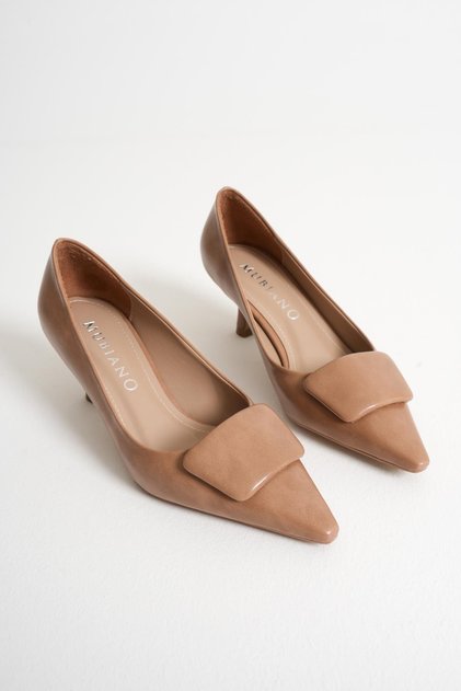 Verona Beige Pointed Toe Women's Buckle Detail Low Thin Heeled Classic Shoes (5.5cm)