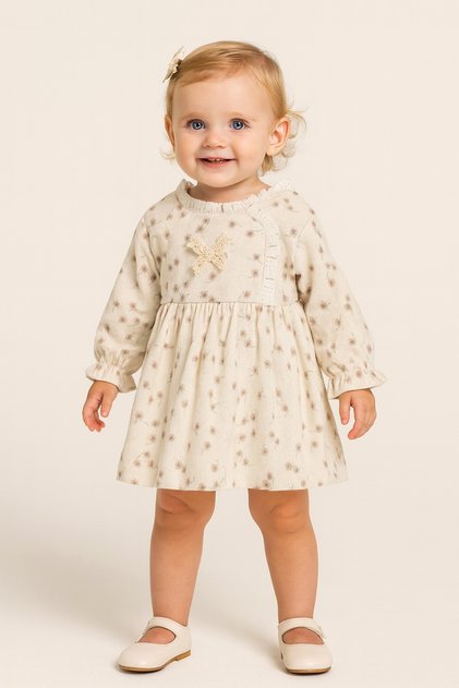 Baby Girl Floral Patterned Long Sleeve Seasonal Dress – Lace Bow Detail 3-6-9-12-18-24 Months