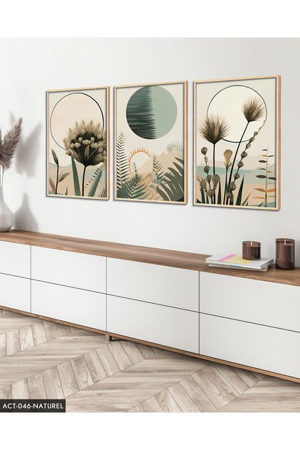 Boho Tarzı Suluboya Görünümlü 3 Parça Ahşap Çerçeveli Tablo