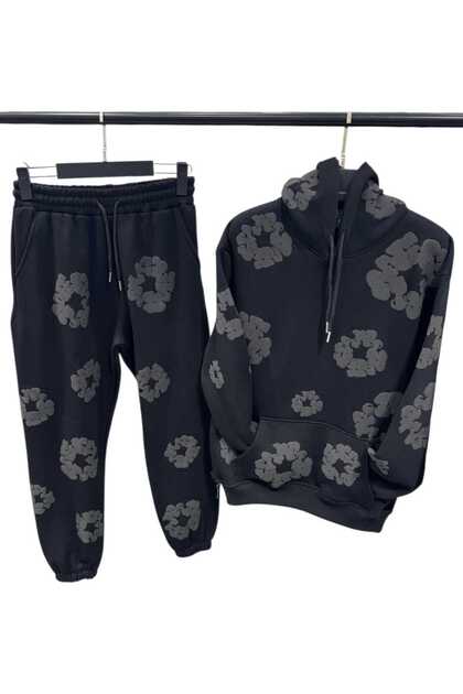 Unisex Oversize 3 Thread Tracksuit Set Embossed Floral Pattern Hoodie and Sweatpants Streetwear