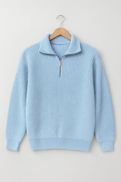 Men's Corduroy Half-Zip Collar Detailed Baby Blue Sweater