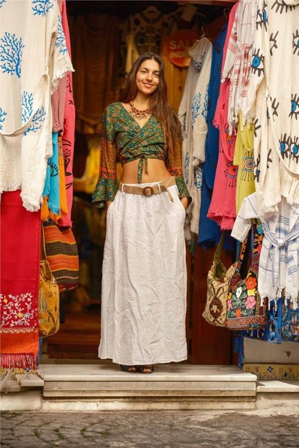 White Color Linen Skirt with Belt and Pocket Detail