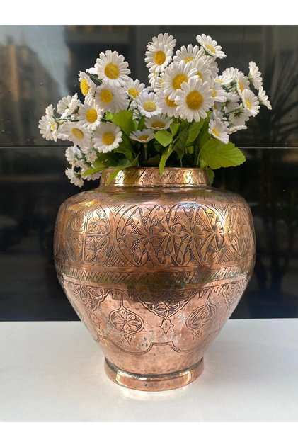 Antika İşlemeli Bakır Vazo Kalın Ağır Bakır Nakışlı Küp Bakır Saksı