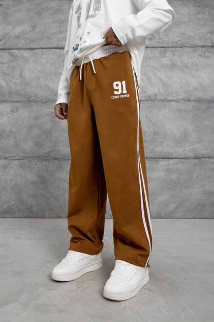 Men's Sweatpants 91 Curry Pepper Brown Oversize Printed Loose Fit 3 Yarns Without Ruffles