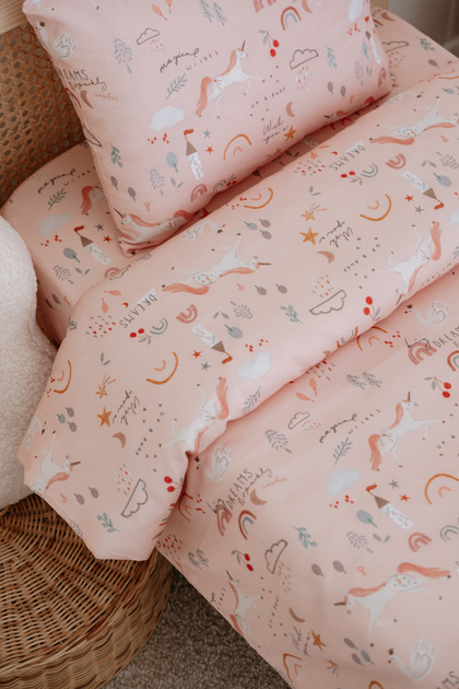 Montessori Bebek Çocuk Nevresim Takımı (100X200), %100 Pamuk Saten Pink Unicorn