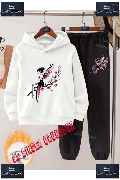 Children's Unisex Printed Hooded Tracksuit Set with the Words "Girl Flower Butterfly"