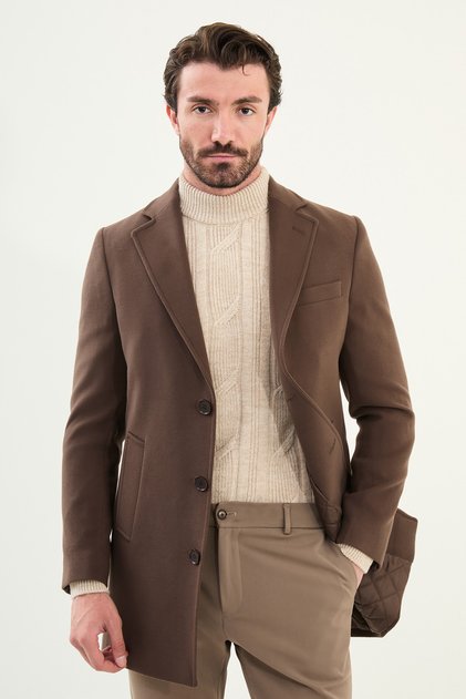 Plain Slim Fit Mono Collar Classic Wool Men's Coat Brown - 21208.20K