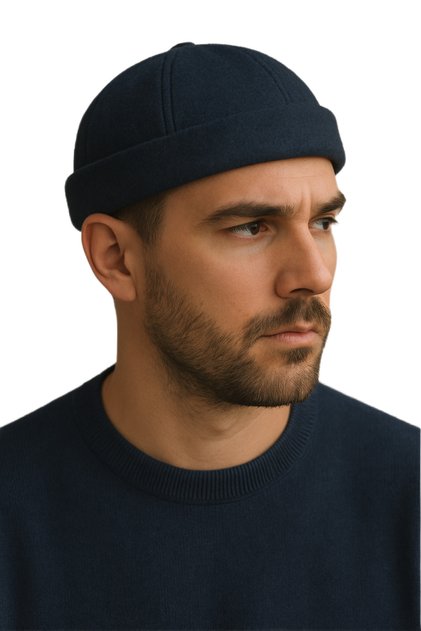 Men's Winter Woolen Fabric Street Fashion Navy Blue Docker Beanie Hat