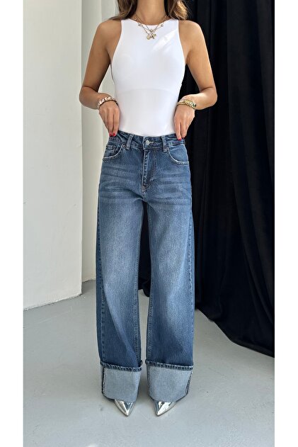 i8 Denim Wide Leg Denim Pantolon Paça Katlı - Fiyatı, Yorumları