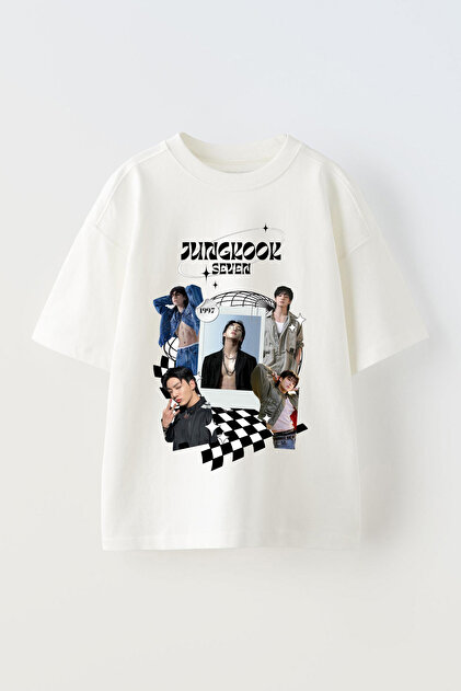 Anetos Jungkook Baskılı Ünisex Pamuk Beyaz Oversize T shirt