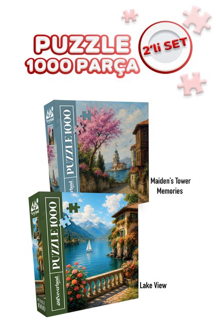 2 ADET 1000 PARÇA PUZZLE - KIZ KULESİ ANILARI VE GÖL MANZARASI