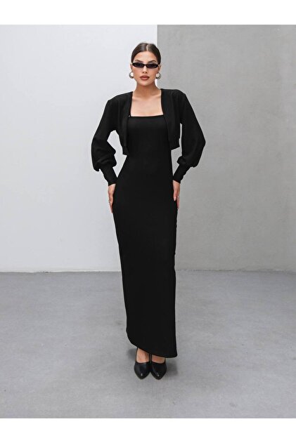 MY DEPO Women's Bolero Jacket Slit Detailed Strap Long Dress- Trendyol