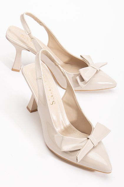 Beige Patent Leather Bow Detailed Open Back Thin Heeled Shoes