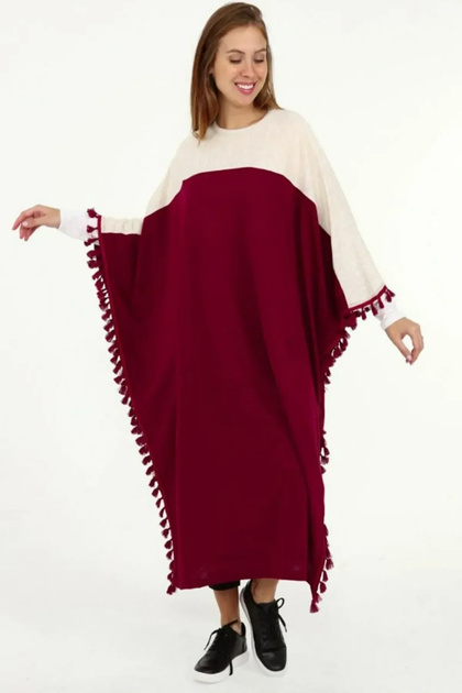 Women's Pinterest Tassel Detailed Two-Tone Stylish Poncho