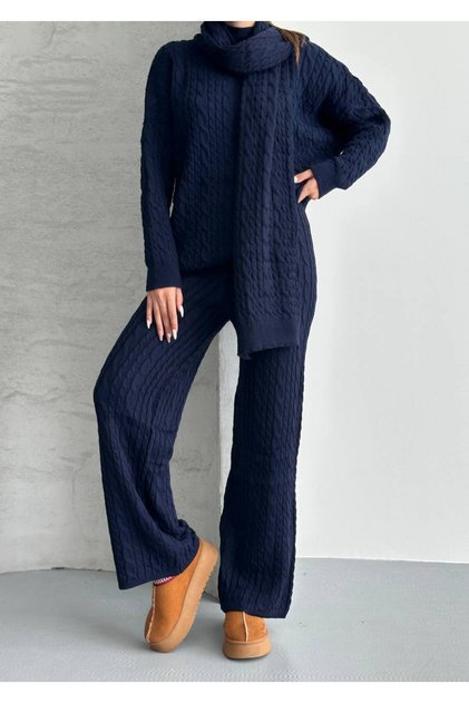 Women's Knitwear Set with Scarf, Braided Hair, Navy Blue Trousers and Top