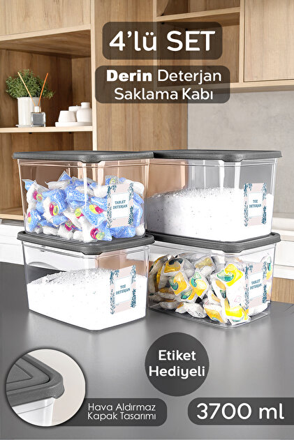 エルマクリア3本 Meleni Home 4'lü Etiketli Deterjan Saklama Kutusu - Şeffaf Derin