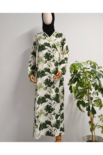Leaf Patterned Double Breasted Prayer Dress – 100% Viscose, Side Tie-Up, Sizes 36-46