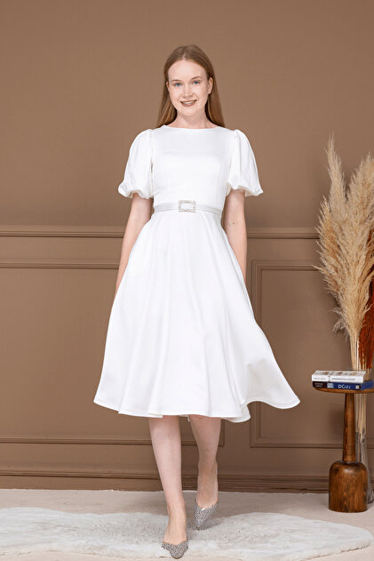 BEYBOS Satin Belt Detail Midi Dress - White- Trendyol