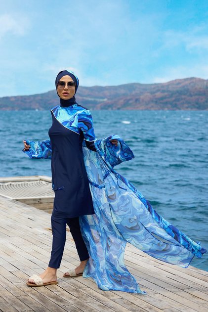 Yakamoz Model Shoulder Patterned Lyral Design Hijab Two-Piece Swimsuit Set