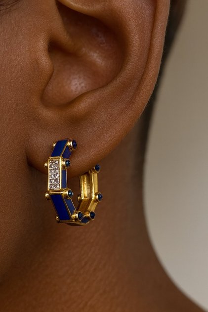 Gold and Blue Color Stone Detailed Ysx Earrings (Pair)