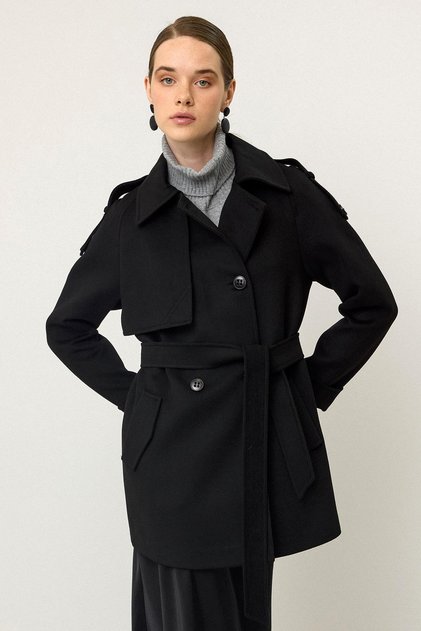 Reglan Sleeve Epaulet and Cape Detailed Cashmere Coat Black 3131