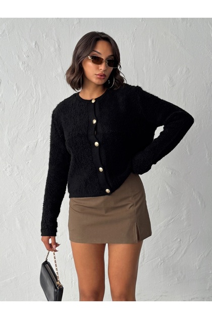Women's Black Towel Woven Buttoned Knitwear Cardigan