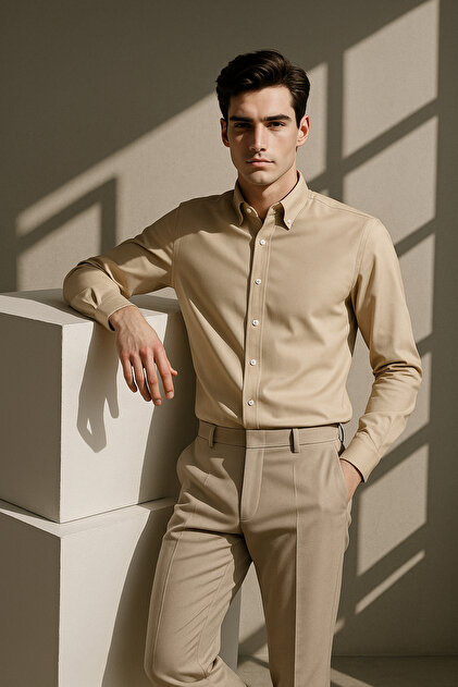 Erkek Bej Oxford Düğmeli Yaka Pamuk Likra Slim Fit Casual Cepsiz Gömlek