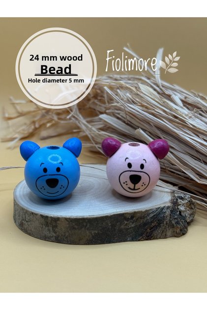 Wooden Teddy Bear Beads 24 mm Gray (2 Pieces) 1St Quality Keychain Pacifier Chain Accessory Hole Diameter 5 mm