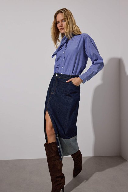 Dark Blue Asymmetrical Closure Midi Denim Skirt Twoaw26Et00063