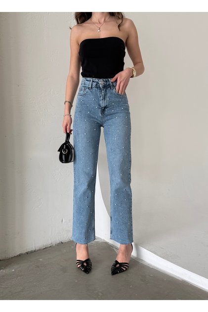 Kadın Mavi Renk Parlak Taşlı Wide Leg Özel Tasarım Denim Palazzo Pantolon