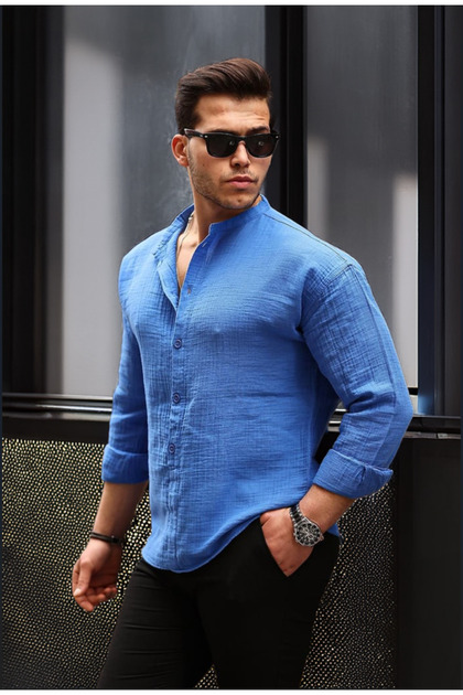 Lightweight and Breathable Men's Muslin Half Placket Judge Collar Oversize Shirt - Parliament Blue