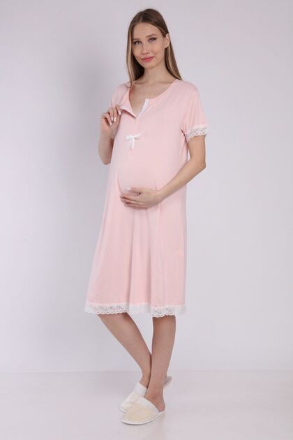 Myra9592 Front Snap Lace Maternity Nightgown -Pink