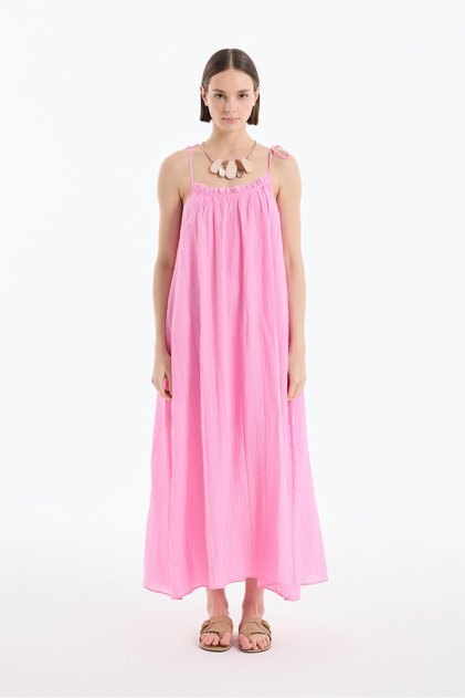 Seersucker Long Dress with Binding Rope Straps Pink