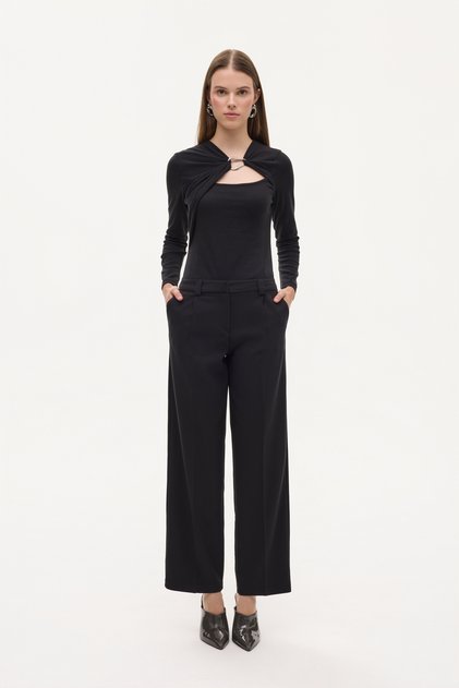 Pile Detailed Regular Waist Carrot Trousers Black