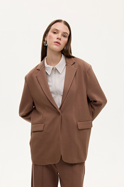 Quzu Tek Düğmeli Yumuşak Dokulu Oversize Blazer Ceket Kahverengi