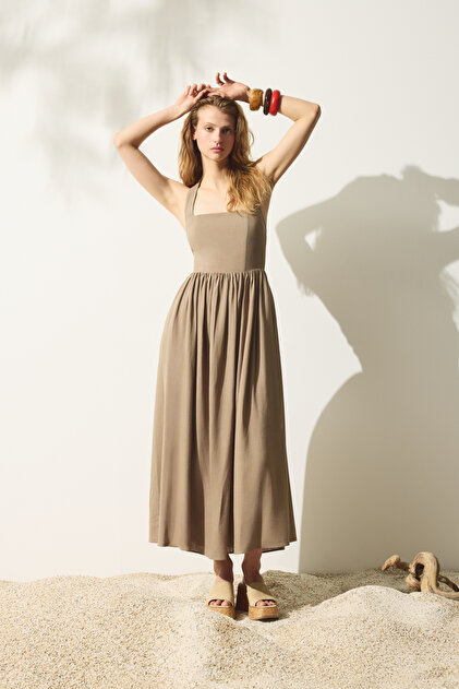Quzu Thick Strap Backless Linen Dress Brown- Trendyol