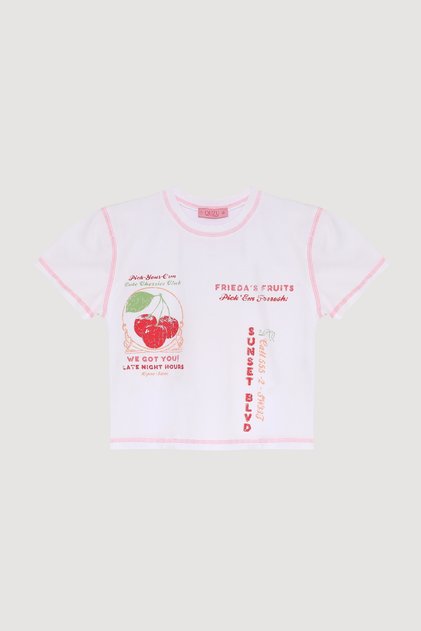 Colorful Cherry Printed Short Sleeve Crop T-Shirt White