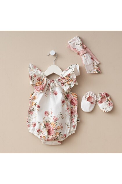 Newborn Girl Cotton Bonnie Romper Jumpsuit Set with Bandana Baby Set with Snap Crotch