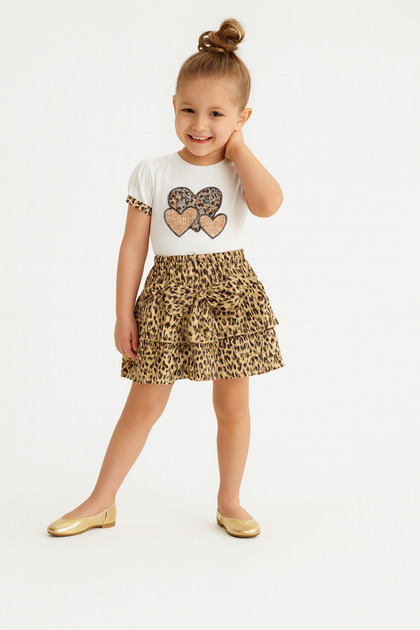 Girl's Leopard Print 2-Piece Set Heart Print Balloon Sleeve T-Shirt and Ruffled Skirt 3-6 Years