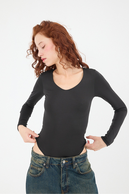 Addax V Yaka Uzun Kollu Basic Bodysuit Z24-0098-DK1 - Fiyatı