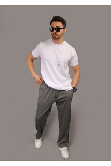 Men's Smoked Baggy Style Pique Fabric Loose Leg Sweatpants with Pocket Detail