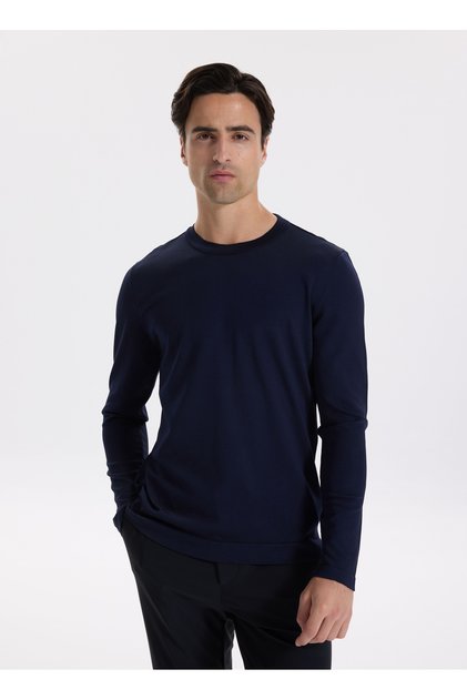 Bisiklet Yaka Slim Fit Düz Lacivert Erkek Kazak F5WM-KZK 2521