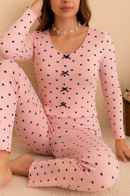 Herzgemusterter Waffelstrick-Pyjama mit langen Ärmeln und Schleife für Damen