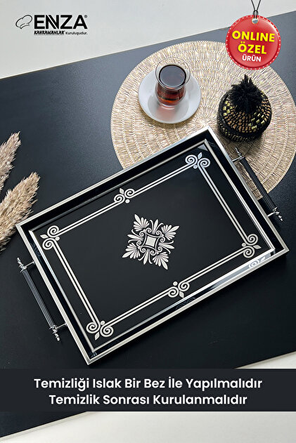 Enza Çınar Black Çay Kahve Kahvaltılık Ve Sunum Tepsisi 48x29 Cm